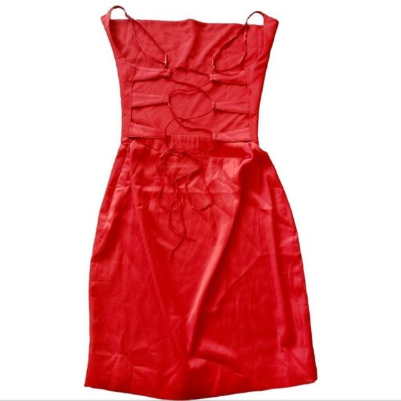MESHKI Corvette Red Silky Satin Cowl Neck Corset Back Tie Mini Dress Size XS - Picture 3 of 12